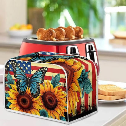 Sunflower Butterfly Print Toaster Cover 4 Slice American Flag Small Kitchen Appliance Cover, Washable Oven Protector Anti-dust Bread Maker Protector