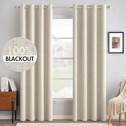 MIULEE 100% Blackout Linen Textured Curtains for Bedroom Solid Thermal Insulated Cream Grommet Room Darkening Curtains & Drapes Luxury Decor for Living Room Nursery 52 x 108 Inch (2 Panels)