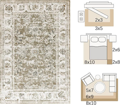 jinchan Fiora 10x12 Area Rug for Living Room - Machine Washable Vintage Floral Distressed Design Stain Resistant Carpet Low Pile Non-Slip Large Rug for Bedroom Dining Room Home Office (10‘x12', Taupe)