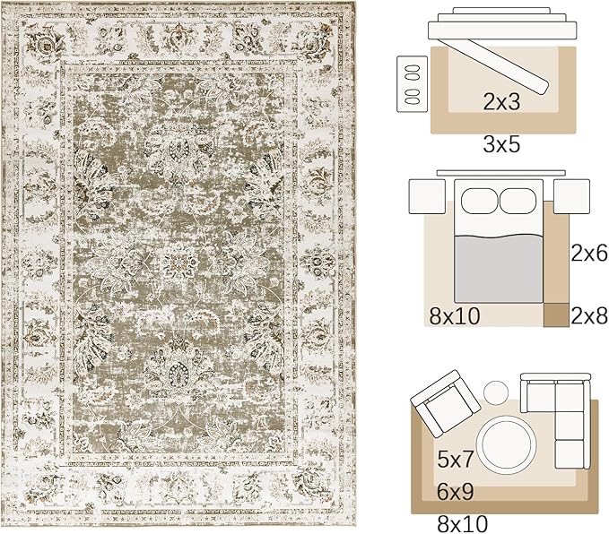 jinchan Fiora 9x12 Area Rugs for Living Room - Machine Washable Vintage Floral Distressed Design Stain Resistant Carpet Low Pile Non-Slip Large Rug for Bedroom Dining Room Home Office (9‘x12', Taupe)