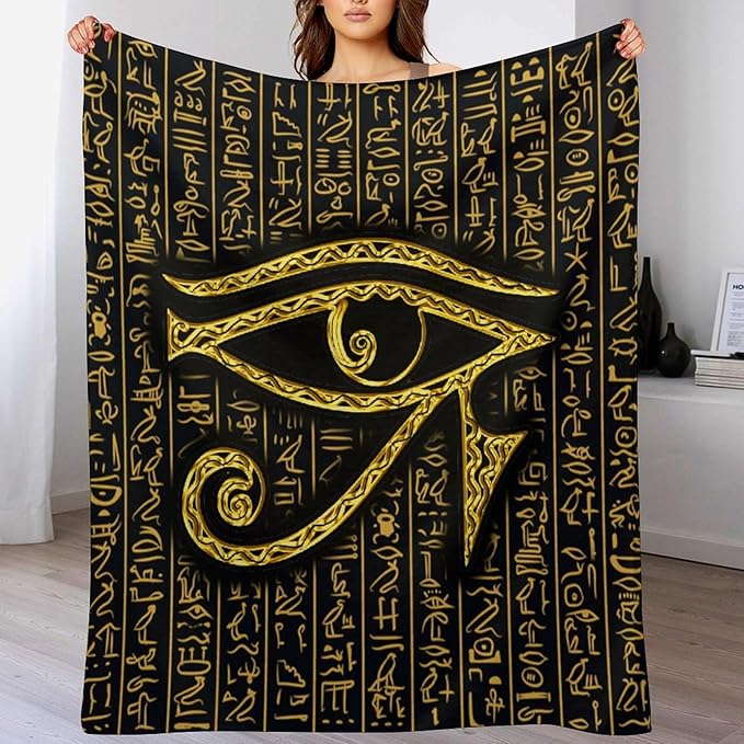 Ancient Egyptian Blanket, Egyptian Eye of Horus Ancient Culture Golden Egyptian Hieroglyphs Alphabet Print Blankets for Couch Sofa Bed Boys Mens, 40"x50"