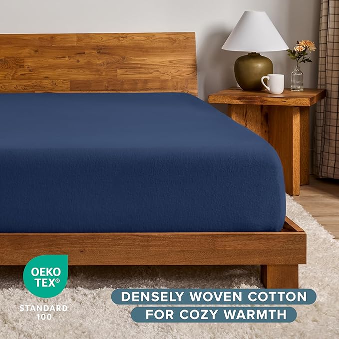 Bare Home Flannel Fitted Bottom Sheet 100% Cotton, Velvety Soft Heavyweight - Double Brushed Flannel - Deep Pocket (Twin, Dark Blue)