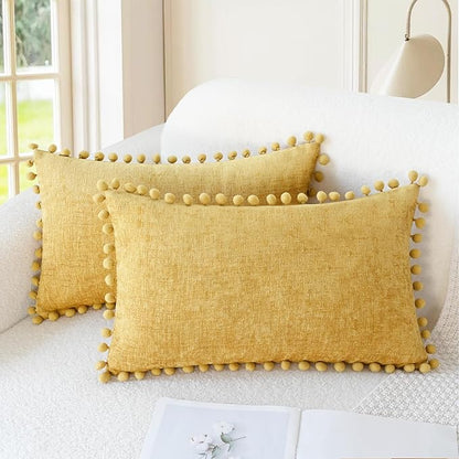 CaliTime Throw Pillow Covers Decorative 20 X 12 Inches Pack of 2 Cozy Solid Dyed Soft Chenille Cushion Cases with Pom Poms for Couch Sofa Bed Living Room Home Gold