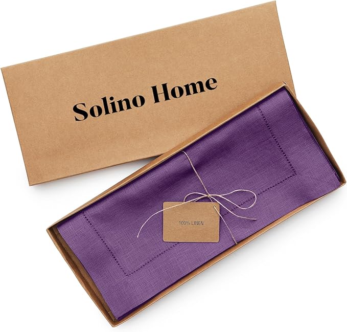 Solino Home Linen Purple Table Runner 36 Inches - Classic Hemstitch, 100% Pure Linen Coffee Table Runner 14 x 36 Inch Ideal for Dresser Tables - Winter, Holiday, Christmas