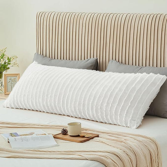 BEDELITE Body Pillow Cover with Zipper Closure, Decorative Boho Fleece Pillowcase 20 x 54 Inches, Luxury Fluffy Plush Long Body Pillow Pillowcase for All Seasons(Bright White-Boho)