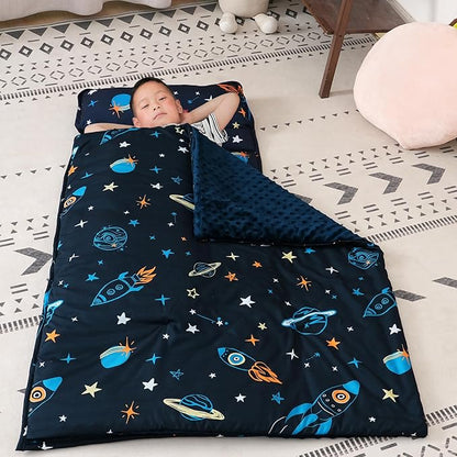 david's kids Minky Toddler Nap Mat with Removable Pillow and Minky Fleece Blanket, Soft Slumber Bags for Boys, Perfect for Preschool, Daycare, Kids Sleeping Bags with Rollup Design, 50"x20", Space