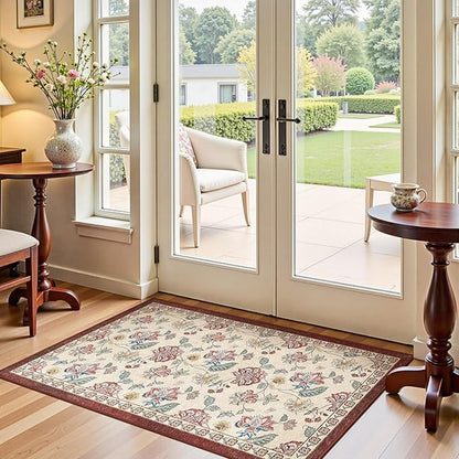 jinchan Elora 3x5 Floral Rug for Entryway Washable Rug Vintage Romance Design Christmas Small Mat Non Slip Indoor Doormat Lightweight Low-Profile Throw Carpet for Bathroom Laundry Room, Red/Beige