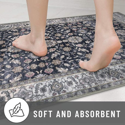 KUTA 3x5 Rugs for Entryway, Vintage Floral Area Rug Washable Non-Slip Grey Black Beige Ultra Thin Soft Printed Distressed Entry Low-Pile Throw Carpet for Bedroom Nursery Living Room
