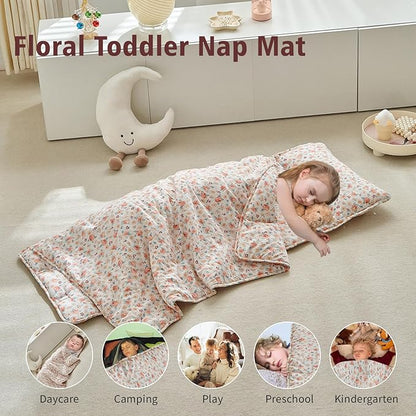 Toddler Nap Mat with Removable Pillow,Ultra Soft Slumber Bags for Girls,Kids Sleeping Bags with Roll Up Design, Perfect for Preschool,Daycare,Kindergarten