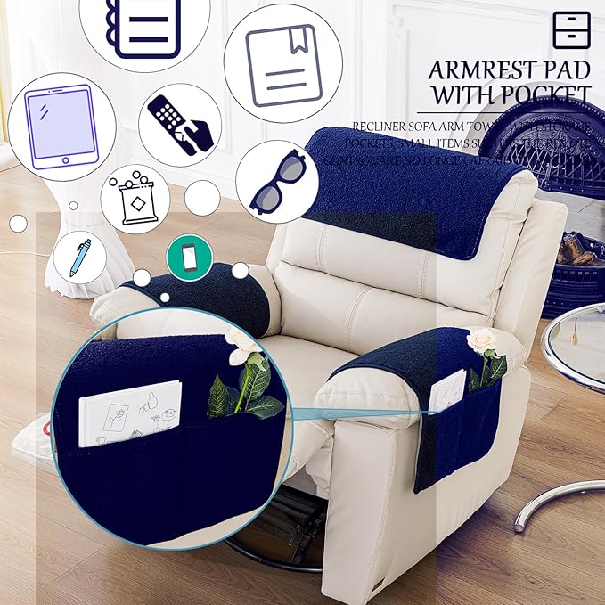 Armrest Cover, Recliner Chair Protector, Furniture Protector Slip, Side Storage Pocket, Stretch Armchair Couch Arm Rest Cover for Recliner, Chair, Sofa (Navy Blue,1 Seater(3pcs))