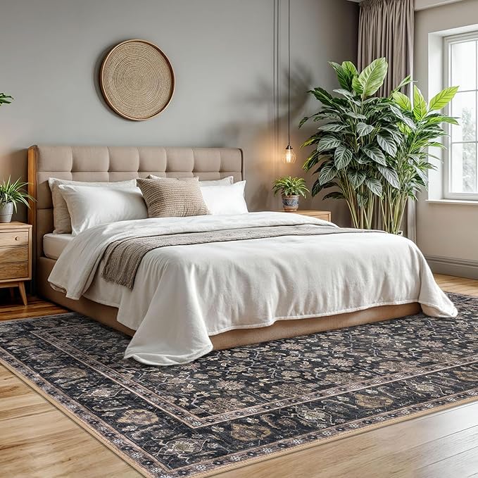 KUTA Vintage 8x10 Area Rugs for Living Room, Washable Large Rug for Bedroom 8ft x 10ft Non-Slip, Brown Ultra Thin Soft Printed Traditional Floral Distressed Dining Room Low-Pile Carpet