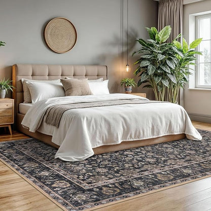KUTA Vintage 8x10 Area Rugs for Living Room, Washable Large Rug for Bedroom 8ft x 10ft Non-Slip, Brown Ultra Thin Soft Printed Traditional Floral Distressed Dining Room Low-Pile Carpet
