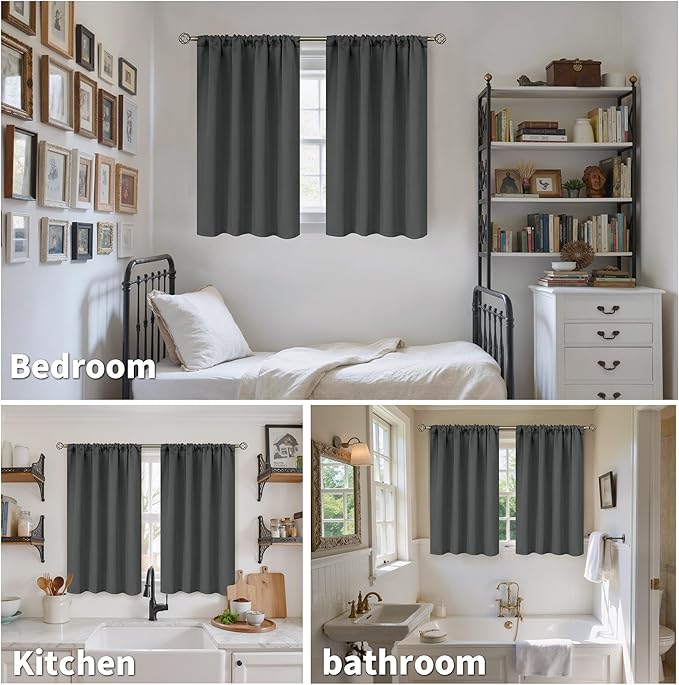 BGment Blackout Curtains 40 Inches Long for Bedroom, Short Thermal Insulated Drapes with Rod Pocket Room Darkeng Blinds Privacy for Bathroom Kitchen Windows, Dark Grey, 2 Panels, 42 x 40 Inch
