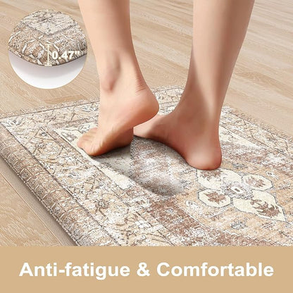 KIMODE Kitchen Mats Cushioned Anti Fatigue, 20"x39" Farmhouse Kitchen Rug, Non Slip Kitchen Mats for Floor, Padded Kitchen Floor Mats, Standing Desk Mat for Sink, Laundry, Desk Khaki