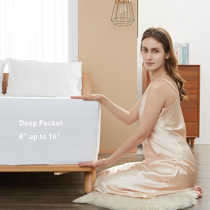 Sunflower California King Fitted Sheet, 1-Piece Deep Pocket Fitted Bottom Sheet 16", 100% Cotton Sateen Soft Breathable, White