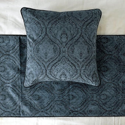 The HomeCentric King/Queen/Twin Gray Decorative CA King 86"x18" Bed Runner with Two Pillow Cover, Damask, Victorian & Bead Embroidery Bed Scarf on Suede Fabric - Beatrice