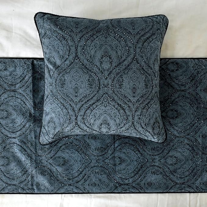 The HomeCentric King/Queen/Twin Gray Decorative King 90"x18" Bed Runner Without Pillow Cover, Damask, Victorian & Bead Embroidery Bed Scarf on Suede Fabric - Beatrice