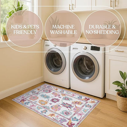 Fame Living Pink Oushak Rug, Modern, Vintage, Turkish, Eclectic, Floral, Pastel, Washable, Extra Large Area Rugs for Living Room, Dining, Bedroom, Lounge, 9'x12'