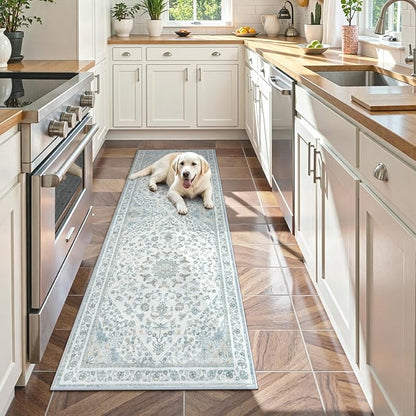 Moynesa Vintage Washable Blue 2x6 Hallway Runner Rug, Neutral Distressed Oriental Runner for Entryway Kitchen Bathroom Bedroom, Low Pile Soft Non-Slip Carpets for Nursery Laundry