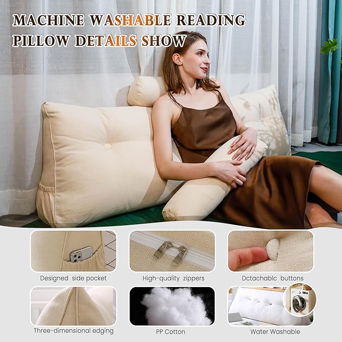 Headboard Pillow King Size, Triangular Wedge Backrest with Removable Head Roll & Side Pocket, 100% Linen Reading Pillow for Bed, Couch, Floor - Ergonomic Support for Neck, Back, White Beige