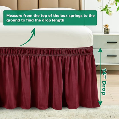 Biscaynebay Wrap Around Bed Skirts for Queen Beds 14" Drop, Burgundy Adjustable Elastic Dust Ruffles Easy Fit Wrinkle & Fade Resistant Silky Luxurious Fabric Solid Machine Washable