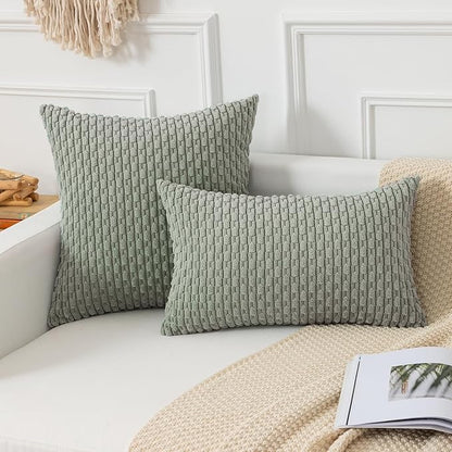 Kevin Textile 12x24 Inch Pillow Cover 1 Pack Boho Decorative Soft Striped Corduroy Lumbar Farmhouse Color Accent Rectangle Cushion Case for Living Room Couch Sofa Bed, Greyish Green