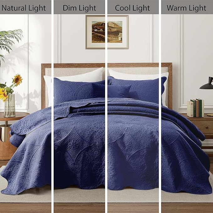 IR Imperial Rooms 10 Pack Twin Quilt Bedding Set (68" x 86") - Bulk Wholesale for Hotels, Guest Bedroom & Airbnbs - Lightweight Microfiber Reversible Floral Embossed Quilts Bedspreads (Navy)
