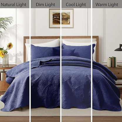IR Imperial Rooms 8 Pack Quilt King Size Bedding (106" x 96") - Bulk Wholesale for Hotels, Guest Bedroom & Airbnbs - Lightweight Microfiber Reversible Floral Embossed Quilts Bedspreads (Navy)