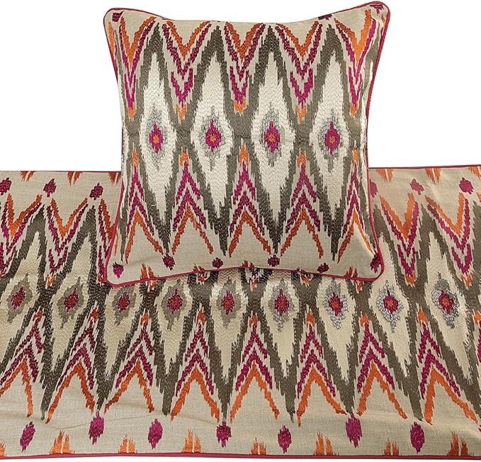 The HomeCentric King Queen Twin Multi Color & Pink Handmade Queen 74"x18" Bed Runner with 2 Pillow Cover, Embroidered & Beaded Bed Scarf on Cotton Linen Fabric - My Ikat Love