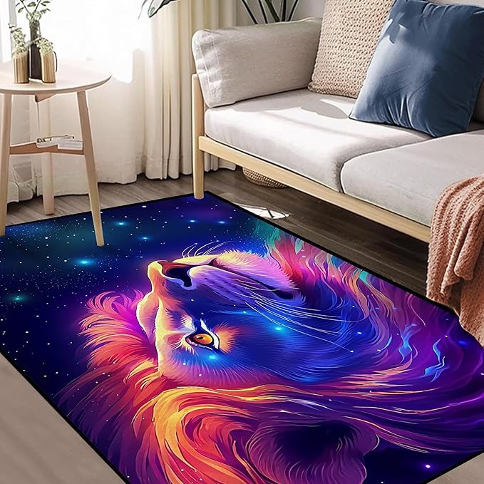 Galaxy Lion Rug 3D Fierce Lions Area Rugs for Kids Bedroom Living Room Playroom Gameroom Boys Glitter Carpet Throw Rugs Floor Mat 63 in x 31 in