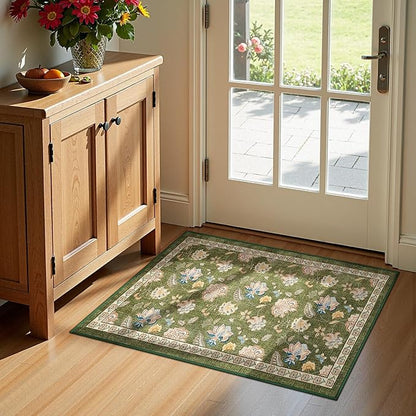 jinchan Elora 2x3 Floral Rug for Entryway Washable Rug Vintage Romance Design Christmas Small Mat Non Slip Indoor Doormat Lightweight Low-Profile Throw Carpet for Entrance Bathroom Laundry, Green