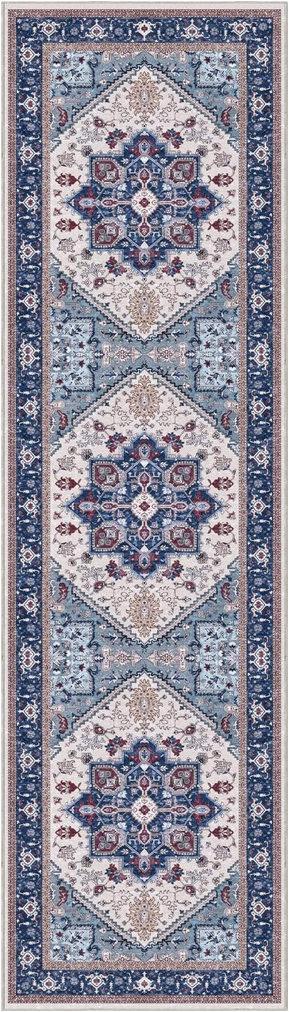 OPPODREAM Thin Entryway Rug 2x8, 2x8 Rug Runner, Washable Hallways Carpet 2 x 8 with Non Slip Backing, Low-Pile Bedside Carpet 2 x 8, Long, Faux Cashmere, Navy Blue & Red & Cream