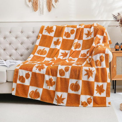 SOCHOW Fall Decor Jacquard Throw Blanket, Fuzzy Soft Warm Pumpkin Maple Leaves Plaid Autumn Checkered Blanket for Couch, Sofa and Bed, 50 x 60 Inches, Orange/White