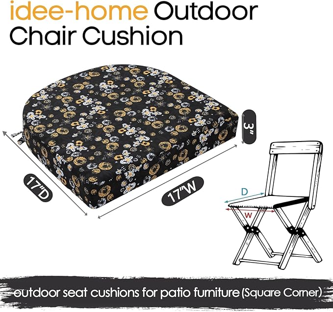 idee-home Outdoor Chair Cushions Set of 4, Thick 17" x 17" x 3" Outdoor Seat Cushions Patio Furniture Waterproof with Ties, Dining Pads
