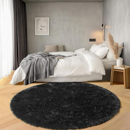 ONASAR Black Round Area Rugs 6ft, Ultra Soft Bedroom Circle Rug for Kids Girls Boys Teen Room, Fluffy Plush Shaggy Carpet Floor Mats for Baby Nursery Living Room Playroom Dorm Home Decor
