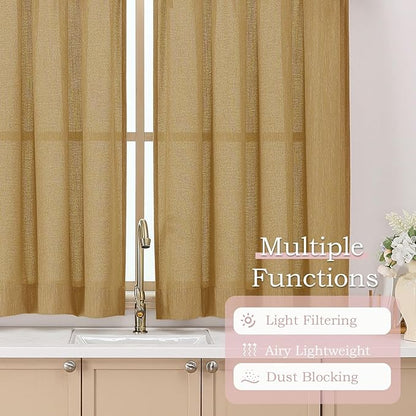 Simplebrand Gold Faux Linen Textured Semi Sheer Curtains 96 Inches Long 2 Panels Set, Light Filtering Soft Thick Farmhouse Curtains Window Treatment for Bedroom/Living Room/Dining Room, 50 x 96 Inch