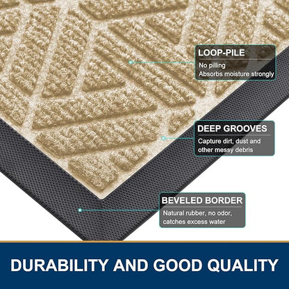 Smiry Front Door Mat Outside Entrance, Heavy Duty Sturdy Natural Rubber Doormat, Trap Dirt and Moisture, Easy Clean Low Profile Mats for Indoor Outdoor Entry, Grid Geometric (36x24, Beige)