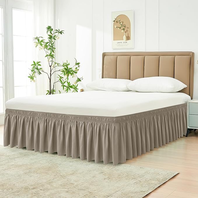 Biscaynebay Wrap Around Bed Skirts for Twin & Twin XL Beds 15" Drop, Taupe Adjustable Elastic Dust Ruffles Easy Fit Wrinkle & Fade Resistant Silky Luxurious Fabric Machine Washable