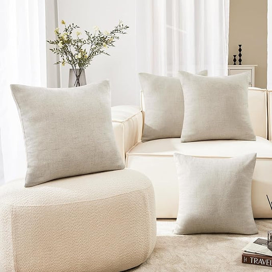 Deconovo Textural Faux Linen Throw Cushion Case Pillow Cover with Invisible Zipper for Couch 18 x 18 Inch Light Flax Set of 4 No Pillow Insert