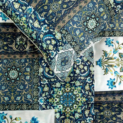 The HomeCentric King/Queen/Twin Blue Designer Full 68"x18" Bed Runner with Pillow Cover, Perrsian Pattern & Quilted Bed Scarf on Satin Fabric - Bahar