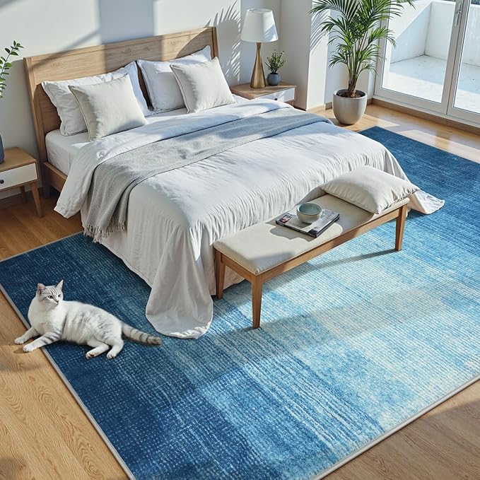 Wonnitar Modern Ombre 8x10 Living Room Rugs, Washable Blue Rug for Bedroom Non-Slip, Soft Stain Resistant Thin Non-Shedding Gradient Area Rug for Dining Guest Room Playroom (Blue, 8'x10')