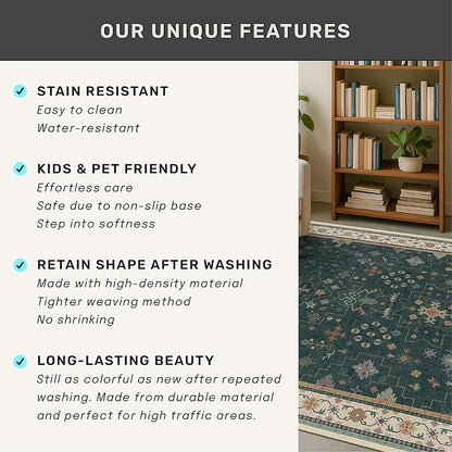 Dark Green 2x7 Kitchen Rug - Modern Vintage Boho Eclectic Floral Pastel, Washable Low Pile Non-Slip Long Runner Rugs for Hallway, Bedroom