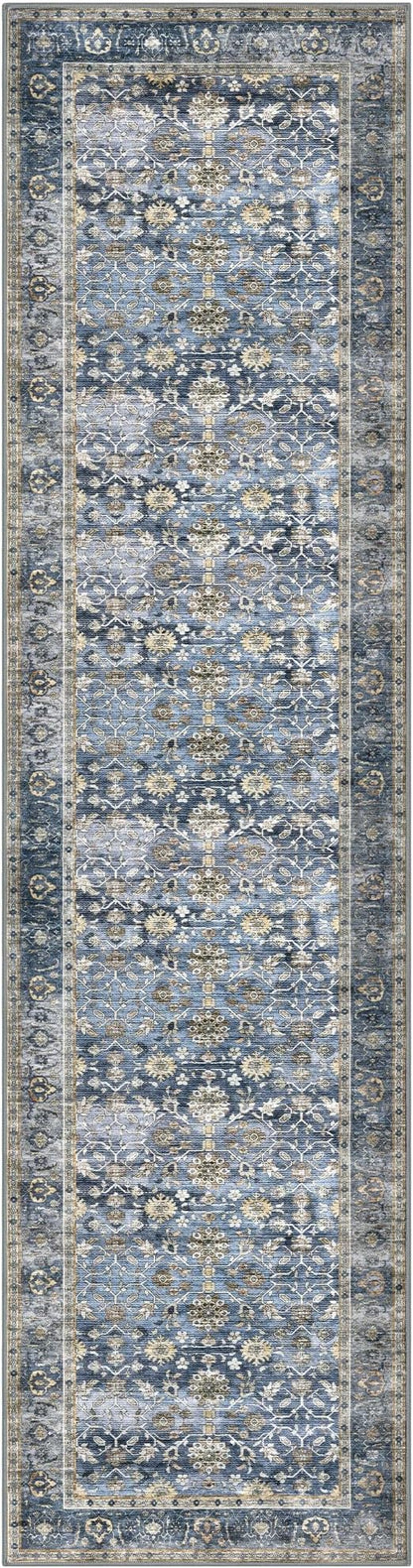 KUTA Vintage Washable Runner Rug, 2.6x10 Blue Grey Beige Runners for Hallways Non-Slip Kitchen Rugs Ultra Thin Soft Printed Distressed Oriental Floral Floor Carpet for Laundry Living Room Nursery