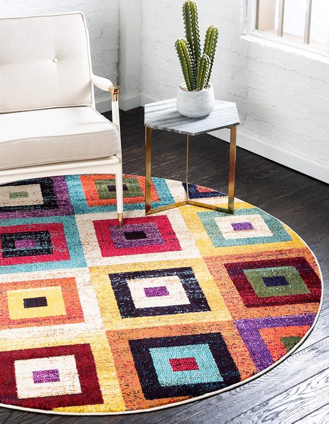 Unique Loom Estrella Collection Colorful, Geometric, Squares Modern, Abstract Area Rug (8' 0 x 8' 0 Round, Multi/Beige)