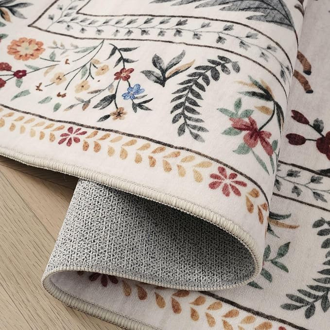 Rugcomf Area Rugs 8x10 Rug for Living Room Clearance Washable Boho Area Rug Non Slip Floral Animal Vintage Low Pile Large Rug for Living Room, Bedroom, Farmhouse, Dining Room, Kids Playroom (Beige)