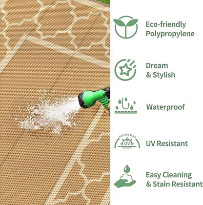 GENIMO 5' x 8' Outdoor Rug Waterproof for Patio Decor, Foldable Reversible Plastic Straw Area Rugs Mat for Camper, Outside Carpet for Rv, Deck, Porch, Picnic, Beach, Balcony, Brown & Beige