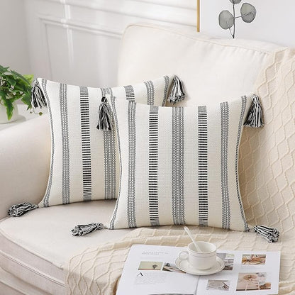 Smile Bee Boho Outdoor Couch Throw Pillow Covers Set of 2, Decorative Thick Woven Striped Accent Neutral Pillow Covers with Tassels for Bed Sofa Home Decor, 20x20 Inch, Black and Cream White