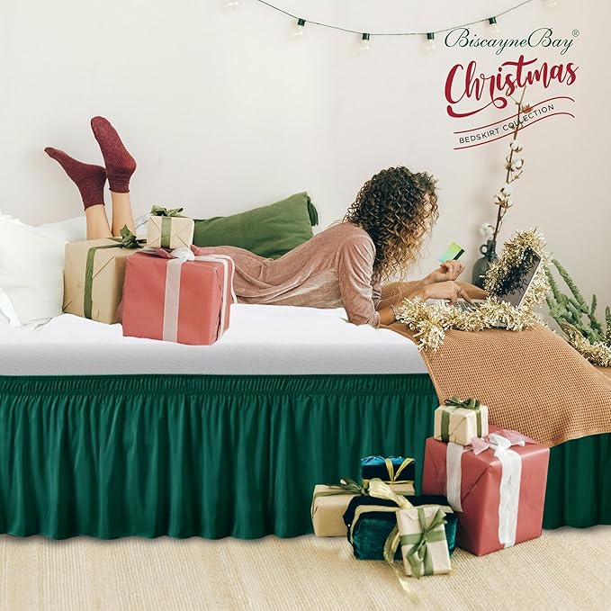 Biscaynebay Wrap Around Bed Skirts for Queen Beds 15" Drop, Christmas Hunter Green Adjustable Elastic Dust Ruffles Easy Fit Wrinkle & Fade Resistant Silky Luxurious Fabric Machine Washable