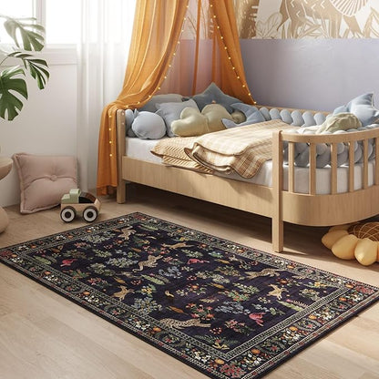 Rugcomf Area Rug 4x6 Rug Washable Boho Rugs Non Slip Low Pile Floral Animal Small Carpet for Bedroom, Bedside, Kids Room, Office, Dining Room (Blue)