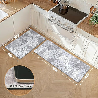 GENIMO Kitchen Mats for Floor, Kitchen Rugs Non Slip Washable Sets of 2, Waterproof Cushioned Anti Fatigue Mat, Floral Runner Rug for Laundry, Sink, Office, Home, 17.3"x47"+17.3"x30", Lavender Grey